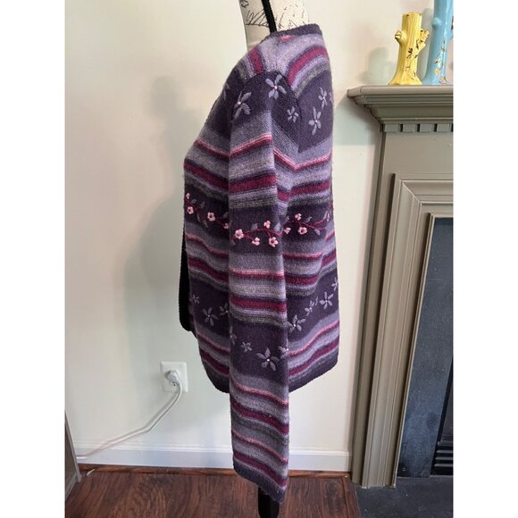 Tally-Ho Purple Striped Floral 100% Wool Button Down Cardigan Medium - Picture 3 of 8